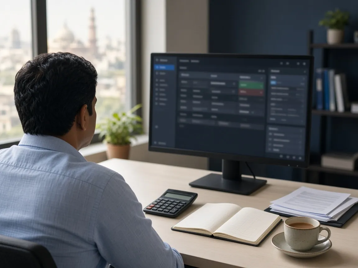 AI-generated illustration of an accountant at a desk with a monitor, ledger and calculator. Not a real client or team member.