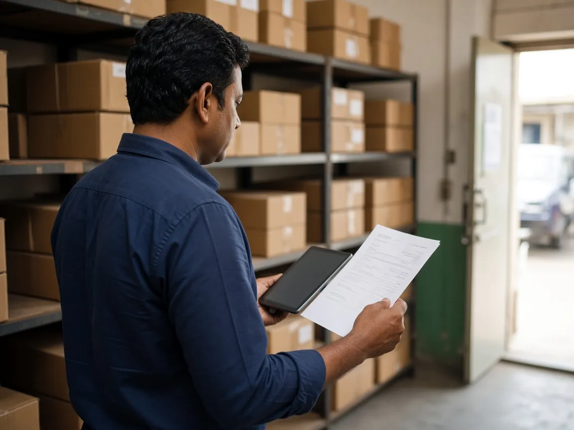 AI-generated illustration of a business owner in a warehouse reviewing an invoice on a tablet. Not a real person.