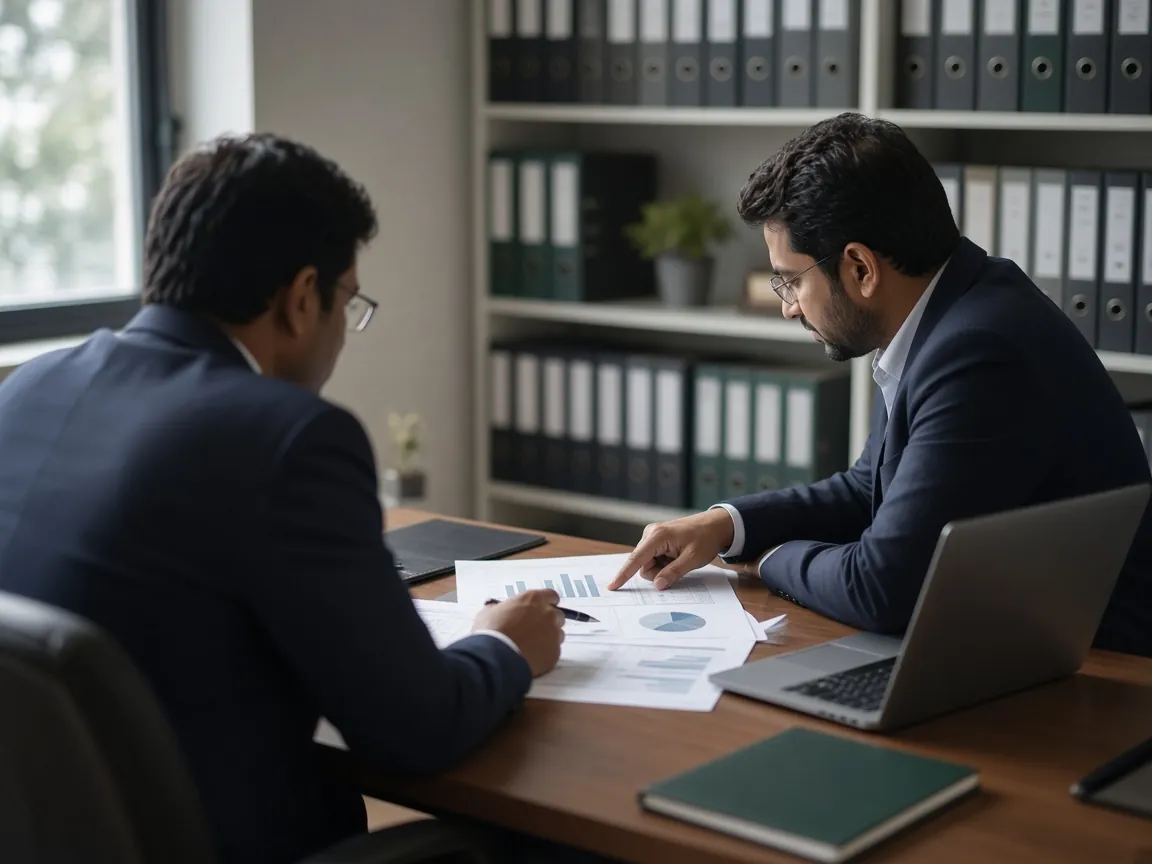 AI-generated illustration of two chartered accountants reviewing printed statements and a laptop at a meeting table. Not real people.