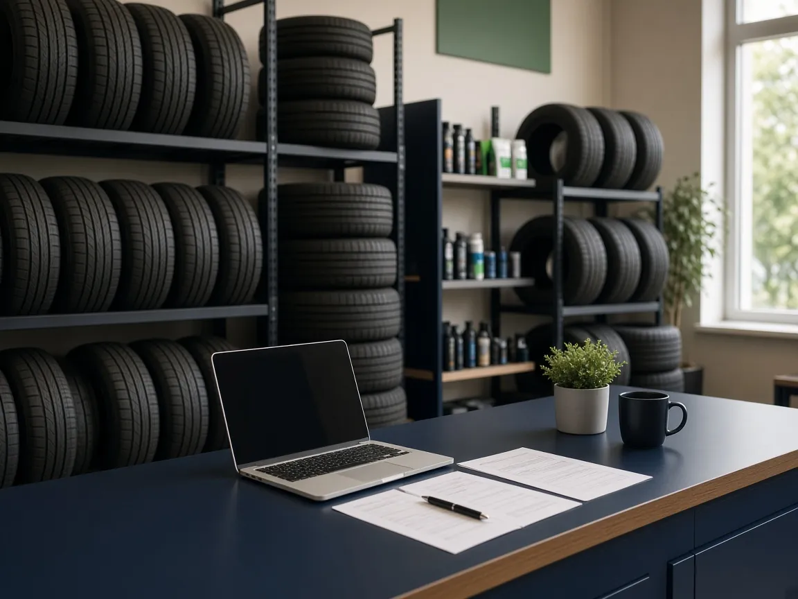 AI-generated illustration of a tyre showroom counter with a laptop. Not the client’s premises.