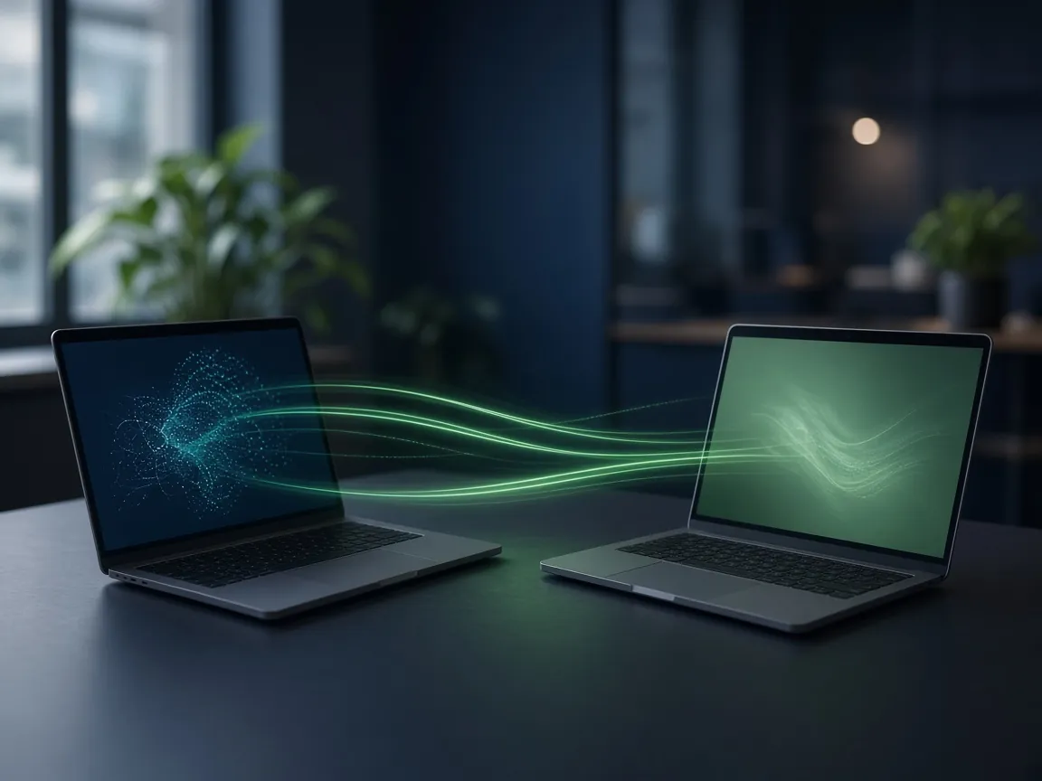 AI-generated illustration of two laptops exchanging data through glowing light trails. Not a client screen.