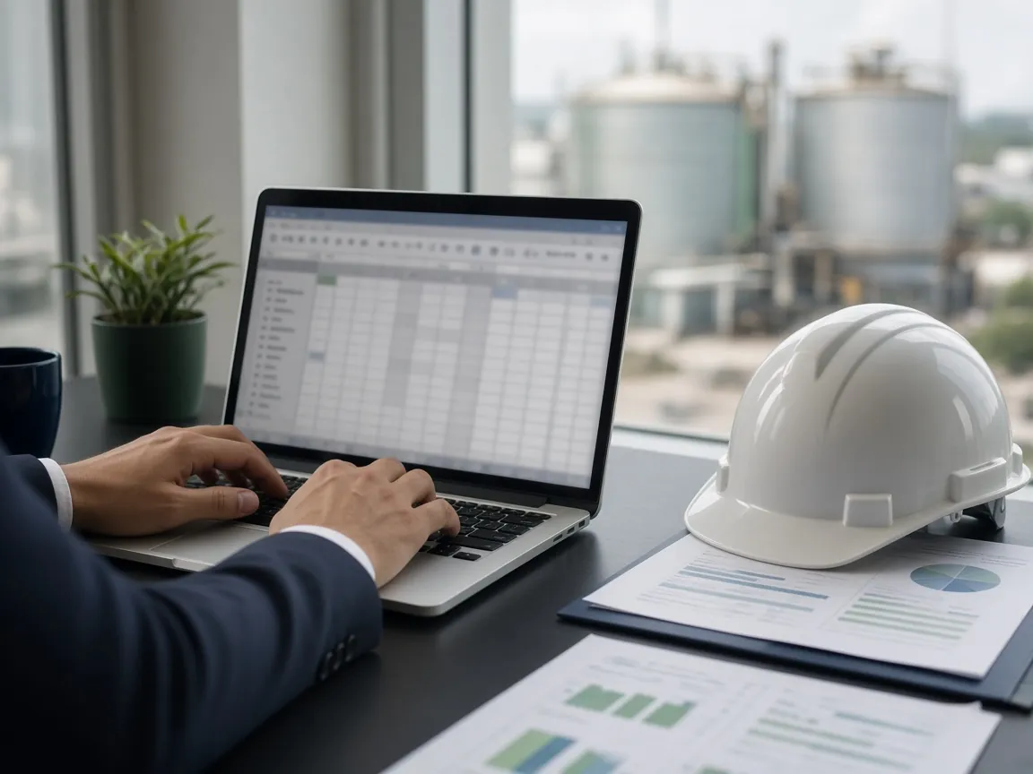 AI-generated illustration of hands on a laptop with a spreadsheet, a hard hat and fuel tanks behind. Not a client screen.