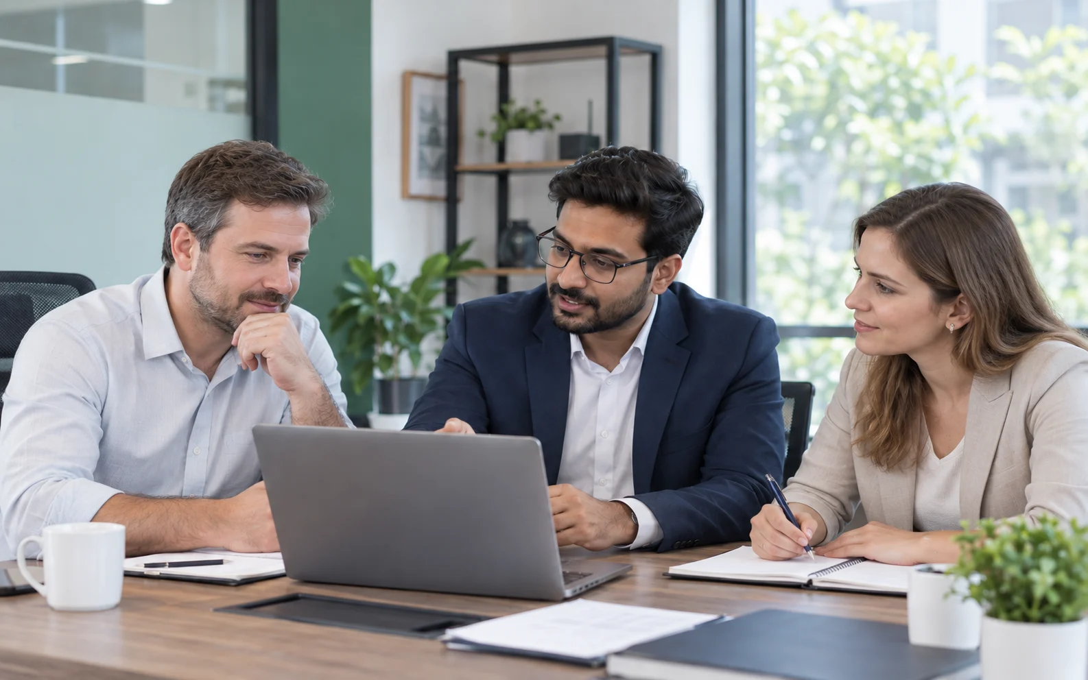 Illustrative scene of an Indian consultant and two international clients reviewing post-launch support together