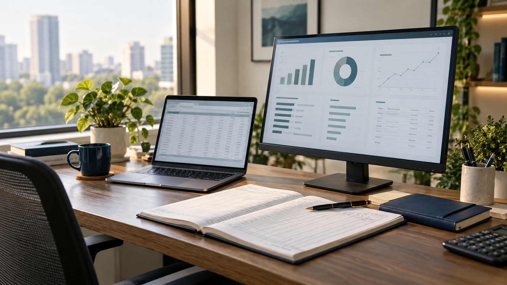 AI-generated illustrative accounting workspace with a desk, laptop and monitor; not the Tally Experts office