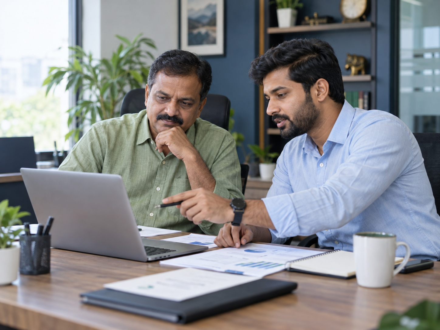 Illustrative scene of a business owner and consultant reviewing a project scope and workflow
