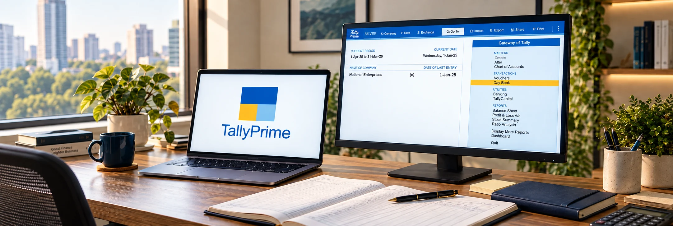Warm office workspace with the TallyPrime logo on the laptop and Gateway of Tally software on the desktop monitor